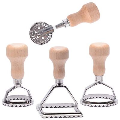 MASTER FENG Molde massa cortadores de Raviolis, conjunto de selos para fazer Raviolis, molde para fazer massa com cabo de madeira e borda canelada, madeira, 4 MASTER FENG Molde massa cortadores de Raviolis, conjunto de selos para fazer Raviolis, molde para fazer massa com cabo de madeira e borda canelada, madeira, 4