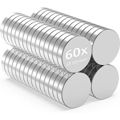 ECENCE Ímanes de neodímio 60 unidades. Ø 10 x 2 mm extra forte Ímanes redondos de disco com forte força magnética e revestimento NiCuNi para uma maior proteção ECENCE Ímanes de neodímio 60 unidades. Ø 10 x 2 mm extra forte Ímanes redondos de disco com forte força magnética e revestimento NiCuNi para uma maior proteção