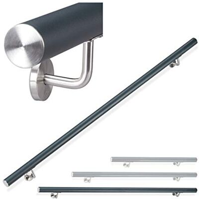 Relaxdays Corrimãos de alumínio, redondo, interior e exterior, mate, 200 cm, Ø 42 mm, suporte, antracite Relaxdays Corrimãos de alumínio, redondo, interior e exterior, mate, 200 cm, Ø 42 mm, suporte, antracite