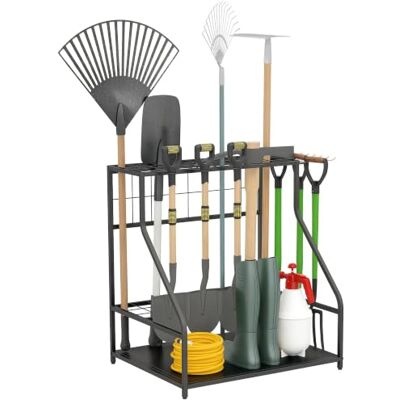 Outsunny Organizador de ferramentas de jardim de 3 níveis com ganchos Prateleira de armazenamento para garagem, para pás, rastrilos, vassouras, suporte de metal Outsunny Organizador de ferramentas de jardim de 3 níveis com ganchos Prateleira de armazenamento para garagem, para pás, rastrilos, vassouras, suporte de metal