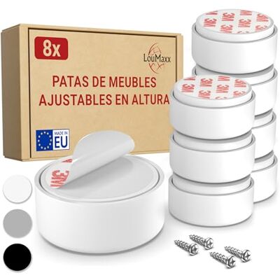 LouMaxx Pernas para móveis autocolantes, pernas ajustáveis em altura, 10 mm, elevador, móveis Ø 55,5 mm de plástico, conjunto de 8 pernas elevadoras, branco. Material de montagem LouMaxx Pernas para móveis autocolantes, pernas ajustáveis em altura, 10 mm, elevador, móveis Ø 55,5 mm de plástico, conjunto de 8 pernas elevadoras, branco. Material de montagem
