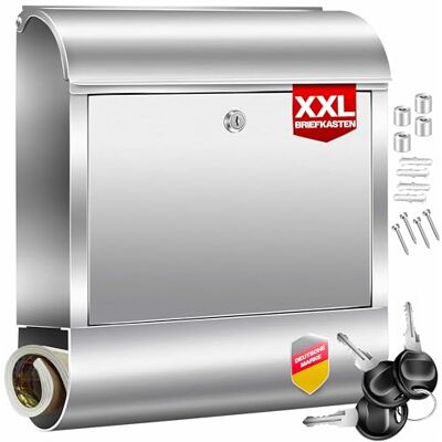 KESSER ® Caixa de correio XXL de aço inoxidável com compartimento para jornais, escovado, 3 fechaduras com chaves, revestimento de pó, montado na parede, grande inserção frontal, prata KESSER ® Caixa de correio XXL de aço inoxidável com compartimento para jornais, escovado, 3 fechaduras com chaves, revestimento de pó, montado na parede, grande inserção frontal, prata