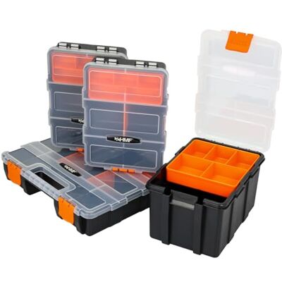 HMF Caixa classificadora vazia de 4 peças para ferramentas e peças pequenas, 49 compartimentos, tampa transparente, preto e laranja HMF Caixa classificadora vazia de 4 peças para ferramentas e peças pequenas, 49 compartimentos, tampa transparente, preto e laranja