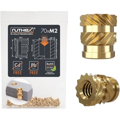 ruthex Inserção roscada M2-70 buchas roscadas de latão RX-M2x4.0 – porca de inserção para peças de plástico – porcas serrilhadas para embutir em peças de impressora 3D por calor ruthex Inserção roscada M2-70 buchas roscadas de latão RX-M2x4.0 – porca de inserção para peças de plástico – porcas serrilhadas para embutir em peças de impressora 3D por calor