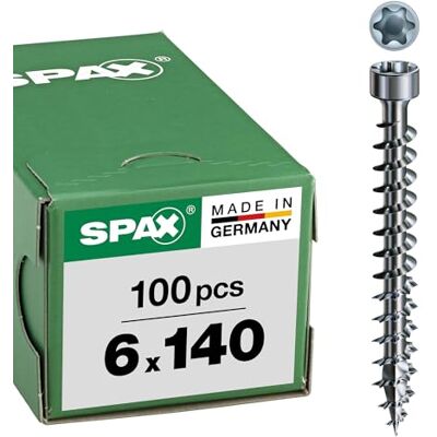 SPAX Parafuso para construção de madeira, 6,0 x 140 mm, 100 unidades, T-Star Plus, cabeça cilíndrica, rosca completa, 4CT, Wirox A3J, SPAX Parafuso para construção de madeira, 6,0 x 140 mm, 100 unidades, T-Star Plus, cabeça cilíndrica, rosca completa, 4CT, Wirox A3J,
