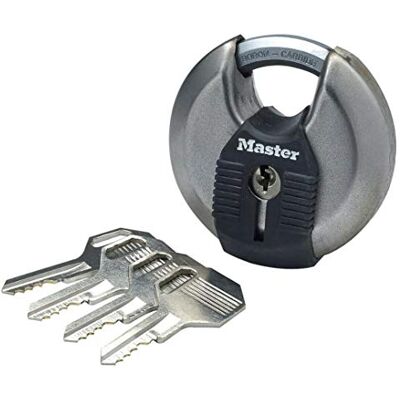 Master Lock Cadeado redondo alta segurança, chave, aço inoxidável, exterior, lote de 1, adequado para portais, garages, porões Master Lock Cadeado redondo alta segurança, chave, aço inoxidável, exterior, lote de 1, adequado para portais, garages, porões
