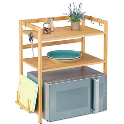 Relaxdays Prateleira para micro-ondas, 67 x 61 x 35 cm, bambu, 2 níveis 2 níveis, suporte tábuas de corte, cozinha, 4 ganchos Relaxdays Prateleira para micro-ondas, 67 x 61 x 35 cm, bambu, 2 níveis 2 níveis, suporte tábuas de corte, cozinha, 4 ganchos