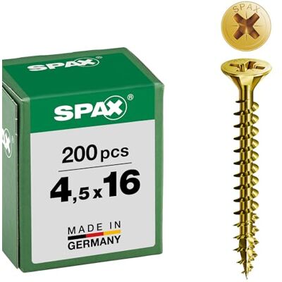 SPAX 1080000000000 Parafuso universal de 4,5 x 16 mm, 200 peças, ranhura, de cabeça phillips para 4cut, rosca completa, amarelo zinco passivado a2l SPAX 1080000000000 Parafuso universal de 4,5 x 16 mm, 200 peças, ranhura, de cabeça phillips para 4cut, rosca completa, amarelo zinco passivado a2l