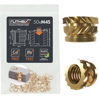 ruthex Inserção roscada M4 Short 50 buchas roscadas de latão RX-M4Sx4.0 porca para peças de plástico: porcas serrilhadas para embutir em peças de impressora 3D ruthex Inserção roscada M4 Short 50 buchas roscadas de latão RX-M4Sx4.0 porca para peças de plástico: porcas serrilhadas para embutir em peças de impressora 3D