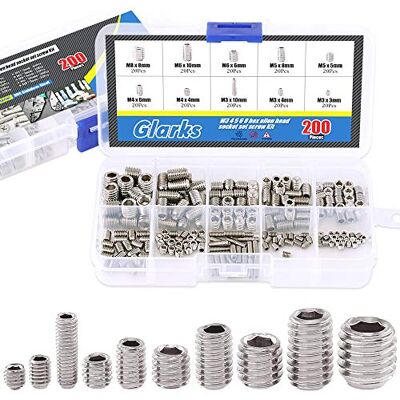 Glarks Conjunto de 200 parafusos de cabeça hexagonal Allen M3 4 5 6 8 (aço inoxidável 304) Glarks Conjunto de 200 parafusos de cabeça hexagonal Allen M3 4 5 6 8 (aço inoxidável 304)