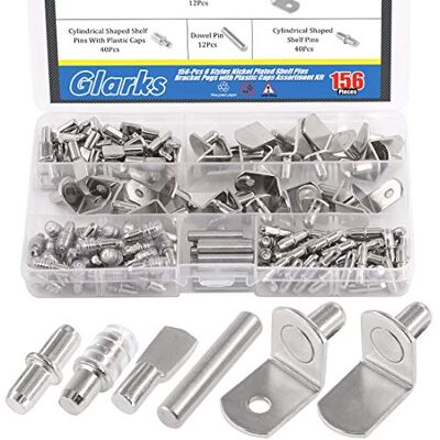 Glarks , Conjunto de 156 pinos para prateleira de 6 estilos, pinças de suporte para prateleira de níquel, pinos de PVC, suporte cilíndrico, suporte em forma de L e pinos para armários Glarks , Conjunto de 156 pinos para prateleira de 6 estilos, pinças de suporte para prateleira de níquel, pinos de PVC, suporte cilíndrico, suporte em forma de L e pinos para armários