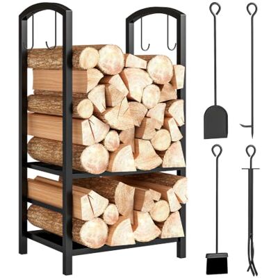 Outsunny Prateleira de lenha para lareira 2 níveis 40 x 30 x 74,5 cm, preto Suporte para lenha, cavaleiro exterior e interior, metálico, com 4 ferramentas para lareira, carga máxima 100 kg Outsunny Prateleira de lenha para lareira 2 níveis 40 x 30 x 74,5 cm, preto Suporte para lenha, cavaleiro exterior e interior, metálico, com 4 ferramentas para lareira, carga máxima 100 kg
