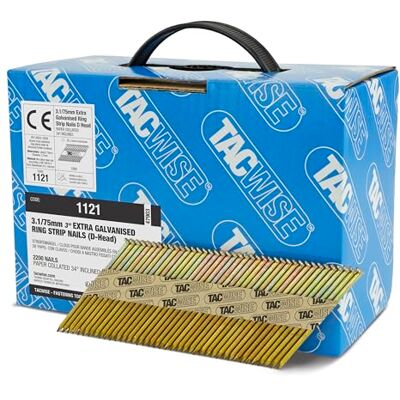TACWISE pregos, emoldurado 3,1 / 75 mm, extra galvanizado, 2200 Embalagem de 2200 pregos, cabeça em 'D', haste anel inclinada a 34°, em fitas de papel TACWISE pregos, emoldurado 3,1 / 75 mm, extra galvanizado, 2200 Embalagem de 2200 pregos, cabeça em 'D', haste anel inclinada a 34°, em fitas de papel