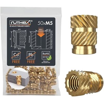 ruthex Inserção roscada M5-50 buchas roscadas de latão RX-M5x9.5 – porca de inserção para peças de plástico – porcas roscadas para encaixar em peças de impressora 3D por calor ruthex Inserção roscada M5-50 buchas roscadas de latão RX-M5x9.5 – porca de inserção para peças de plástico – porcas roscadas para encaixar em peças de impressora 3D por calor