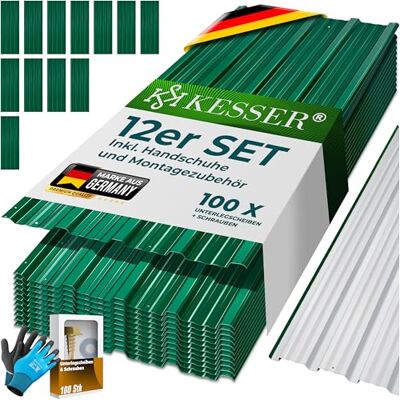 KESSER ® 12 chapas perfiladas, trapezoidais perfiladas de 129 x 45 cm = 7 m², chapa de teto para casota de ferramentas, painéis de teto de aço galvanizado, 0,25 mm, Incl. Luvas de montagem, verde KESSER ® 12 chapas perfiladas, trapezoidais perfiladas de 129 x 45 cm = 7 m², chapa de teto para casota de ferramentas, painéis de teto de aço galvanizado, 0,25 mm, Incl. Luvas de montagem, verde