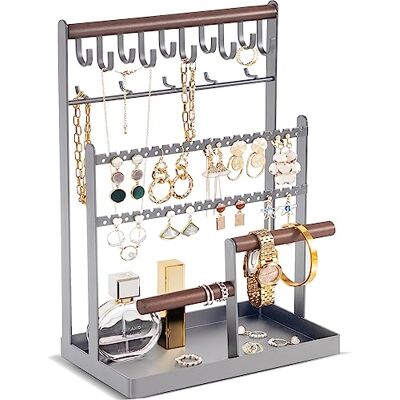 ProCase Suporte para jóias, organizador para brincos, correntes, pulseira, pingente e expositor com furos prateleira de jóias cinzento ProCase Suporte para jóias, organizador para brincos, correntes, pulseira, pingente e expositor com furos prateleira de jóias cinzento