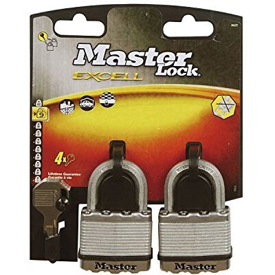 Master Lock Cadeado segurança chaves aço laminado exterior, arco normal, adequado para portais, garages, porões, prateado, 50 mm, conjunto de 2 peças Master Lock Cadeado segurança chaves aço laminado exterior, arco normal, adequado para portais, garages, porões, prateado, 50 mm, conjunto de 2 peças