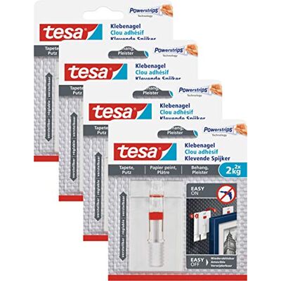 tesa Ganchos adesivos para papel de parede e gesso, ajustável, capacidade de fixação, 2 unidades, 8 x 2 kg tesa Ganchos adesivos para papel de parede e gesso, ajustável, capacidade de fixação, 2 unidades, 8 x 2 kg