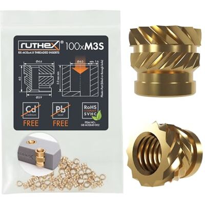 ruthex Inserção roscada M3 Short 100 buchas roscadas de latão RX-M3Sx4.0 porca de inserção para peças de plástico: porcas serrilhadas para embutir em peças de impressora 3D por calor ruthex Inserção roscada M3 Short 100 buchas roscadas de latão RX-M3Sx4.0 porca de inserção para peças de plástico: porcas serrilhadas para embutir em peças de impressora 3D por calor