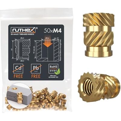 ruthex Inserção roscada M4-50 buchas roscadas de latão RX-M4 x 8.1 porca de inserção para peças de plástico: porcas serrilhadas para embutir em peças de impressora 3D por calor ruthex Inserção roscada M4-50 buchas roscadas de latão RX-M4 x 8.1 porca de inserção para peças de plástico: porcas serrilhadas para embutir em peças de impressora 3D por calor