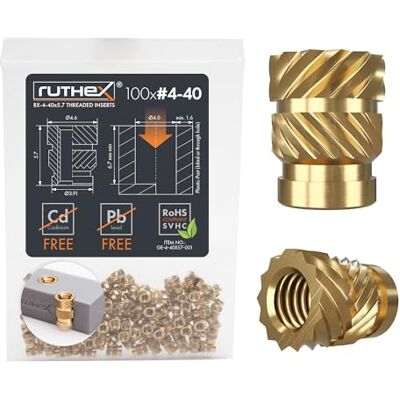 ruthex Inserção roscada de # 4 40 polegadas (UNC), 100 unidades RX-4-40 x 5,7 buchas roscadas de latão, porca de pressão estável, utilizável por calor em peças de plástico 3D ruthex Inserção roscada de # 4 40 polegadas (UNC), 100 unidades RX-4-40 x 5,7 buchas roscadas de latão, porca de pressão estável, utilizável por calor em peças de plástico 3D