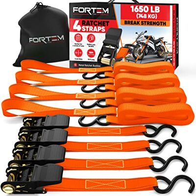 FORTEM Cintas de amarração com sensor de catraca, conjunto estilinhas de amarração, com 748 kg de resistência ao rompimento, correias de motocicleta com 4 ganchos de aço, 4 correias 4,5 m e 4 fivelas FORTEM Cintas de amarração com sensor de catraca, conjunto estilinhas de amarração, com 748 kg de resistência ao rompimento, correias de motocicleta com 4 ganchos de aço, 4 correias 4,5 m e 4 fivelas