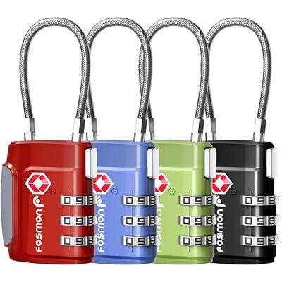 Fosmon Cadeados de bagagem aceitos TSA, (4 pacotes) códigos de cadeado de combinação de 3 dígitos com corpo de liga preto, verde, vermelho e azul Fosmon Cadeados de bagagem aceitos TSA, (4 pacotes) códigos de cadeado de combinação de 3 dígitos com corpo de liga preto, verde, vermelho e azul