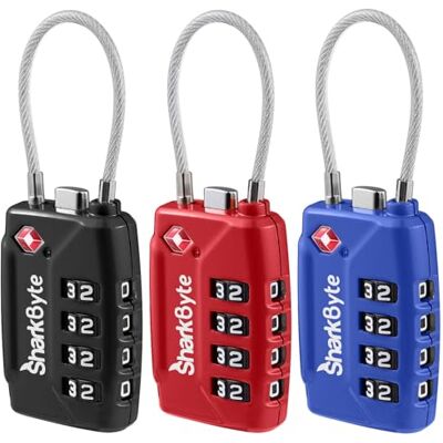 SHARKBYTE Cadeados para bagagem aprovados pela TSA combinação de 4 dígitos, (embalagem de 3) cabo de arame flexível para malas e malas (10.000 combinações) SHARKBYTE Cadeados para bagagem aprovados pela TSA combinação de 4 dígitos, (embalagem de 3) cabo de arame flexível para malas e malas (10.000 combinações)