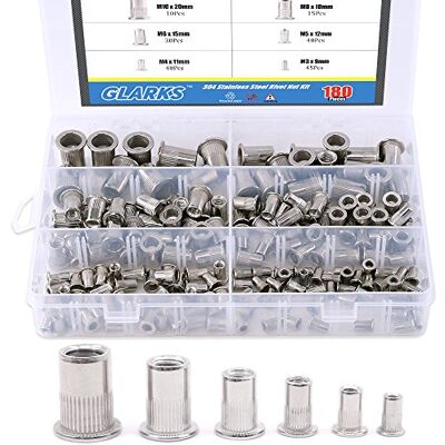 Glarks Kit de porcas de rebite com rosca de cabeça plana de aço inoxidável 304, M3, M4, M5, M6, M8 e M10, 180 unidades Glarks Kit de porcas de rebite com rosca de cabeça plana de aço inoxidável 304, M3, M4, M5, M6, M8 e M10, 180 unidades