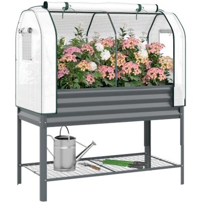 Outsunny Horto urbano elevado com cobertura, 120 x 55 x 140 cm, cinzento Mesa de cultivo, metal galvanizado, prateleira inferior, forro para cultivo, PE de 140 g/m², plantas e flores Outsunny Horto urbano elevado com cobertura, 120 x 55 x 140 cm, cinzento Mesa de cultivo, metal galvanizado, prateleira inferior, forro para cultivo, PE de 140 g/m², plantas e flores