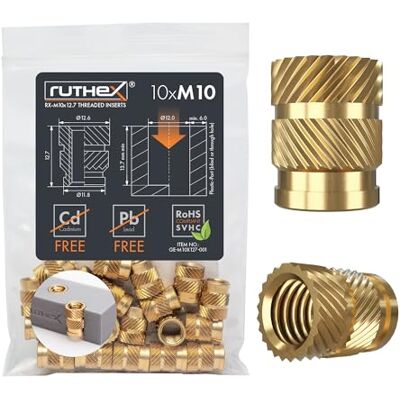 ruthex RX-M10 x 12,7 Inserção roscada M10, 10 unidades de buchas de latão, inserção de pressão resistente para plástico, aplicável por calor ou ultrassom em peças de plástico impressas em 3D ruthex RX-M10 x 12,7 Inserção roscada M10, 10 unidades de buchas de latão, inserção de pressão resistente para plástico, aplicável por calor ou ultrassom em peças de plástico impressas em 3D