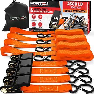 FORTEM Conjunto de correias de fixação com sensor de catraca, 1043 kg ao rompimento, 4 ganchos de aço elástico, 4 correias de 4,5 m, 4 fivelas (laranja) FORTEM Conjunto de correias de fixação com sensor de catraca, 1043 kg ao rompimento, 4 ganchos de aço elástico, 4 correias de 4,5 m, 4 fivelas (laranja)