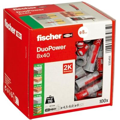 fischer Buchas DUOPOWER 8x40 mm Caixa de Buchas Universais de Nylon Bicomponente Fixações para Betão, Tijolo, Pedra e Gesso Cartonado Montagem Segura e Duradoura 100 unidades fischer Buchas DUOPOWER 8x40 mm Caixa de Buchas Universais de Nylon Bicomponente Fixações para Betão, Tijolo, Pedra e Gesso Cartonado Montagem Segura e Duradoura 100 unidades