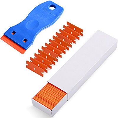Ehdis Mini raspador com 100 peças lâminas de plástico, para remover etiquetas de vinil autocolantes e cola, limpador para placa de indução e vitrocerâmica, azul Ehdis Mini raspador com 100 peças lâminas de plástico, para remover etiquetas de vinil autocolantes e cola, limpador para placa de indução e vitrocerâmica, azul