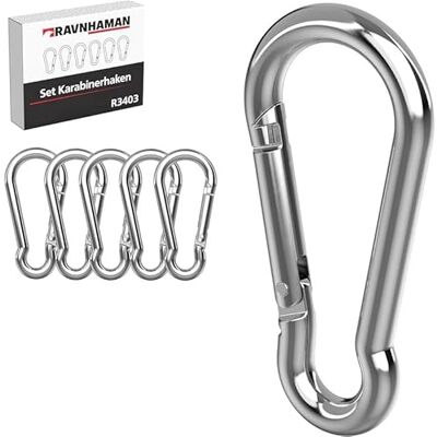RAVN HAMAN Conjunto de 6 mosquetões 4 x 40 mm, mosquetões com fecho de pressão carga de até 40 kg gancho de mola para chaveiros, mochilas, cestas suspensas, etc. aço galvanizado RAVN HAMAN Conjunto de 6 mosquetões 4 x 40 mm, mosquetões com fecho de pressão carga de até 40 kg gancho de mola para chaveiros, mochilas, cestas suspensas, etc. aço galvanizado
