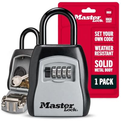 Master Lock Caixa de aço com combinação de bloqueio de 5 chaves, 3 1/2 w x 1 5/8d x 4 h, preto/prata Master Lock Caixa de aço com combinação de bloqueio de 5 chaves, 3 1/2 w x 1 5/8d x 4 h, preto/prata