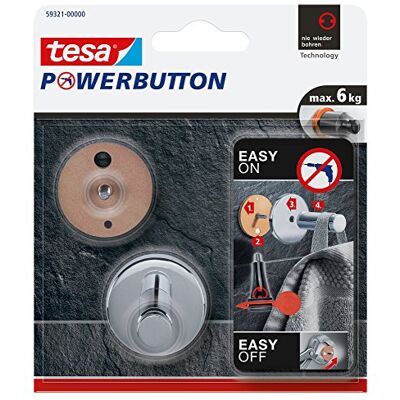 tesa Powerbutton Gancho universal M/máximo 6 kg Gancho metálico redondo auto-adesivo metal cromado versátil e removível sem deixar resíduos tesa Powerbutton Gancho universal M/máximo 6 kg Gancho metálico redondo auto-adesivo metal cromado versátil e removível sem deixar resíduos