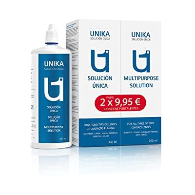 Disop UNIKA Solução exclusiva para lentes de contacto lisas com suportes de suporte. Fabricado em Espanha. Embalagem de 2 garrafas x 360 ml Disop UNIKA Solução exclusiva para lentes de contacto lisas com suportes de suporte. Fabricado em Espanha. Embalagem de 2 garrafas x 360 ml