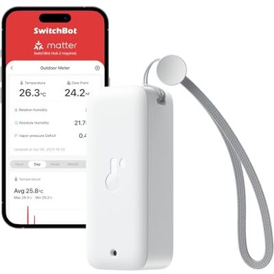 SwitchBot IP65 Termómetro Higrómetro de Exterior, 100m Bluetooth Alcance, Termohigrómetro de Interior, Ponto de orvalho/VPD/Sensor de Humidade Absoluto, Exportação gratuita de dados, 2 anos de Bateria SwitchBot IP65 Termómetro Higrómetro de Exterior, 100m Bluetooth Alcance, Termohigrómetro de Interior, Ponto de orvalho/VPD/Sensor de Humidade Absoluto, Exportação gratuita de dados, 2 anos de Bateria