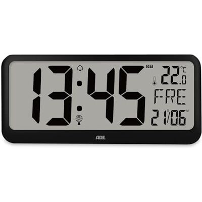 ADE Relógio digital de parede grande radiocontrolado com dígitos XXL Relógio de mesa enorme com calendário com termómetro e alarme para idosos, utilizadores de óculos ADE Relógio digital de parede grande radiocontrolado com dígitos XXL Relógio de mesa enorme com calendário com termómetro e alarme para idosos, utilizadores de óculos
