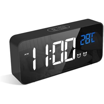 LATEC Relógio despertador, com mostrador LED, relógio despertador digital com espelho, alarme duplo, temperatura, entrada USB, 10 músicas, 4 modos de luminosidade ajustáveis, 12/24H (Preto) LATEC Relógio despertador, com mostrador LED, relógio despertador digital com espelho, alarme duplo, temperatura, entrada USB, 10 músicas, 4 modos de luminosidade ajustáveis, 12/24H (Preto)