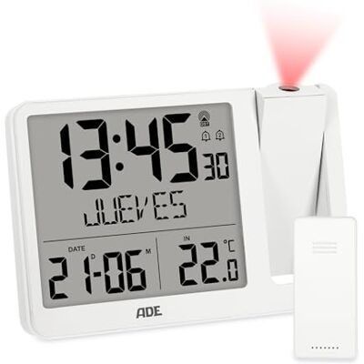 ADE Despertador digital radiocontrolado com projeção e sensor exterior 2 horas de despertador, relógio com indicação de temperatura, data e dia da semana, Incl. Cabo de rede branco ADE Despertador digital radiocontrolado com projeção e sensor exterior 2 horas de despertador, relógio com indicação de temperatura, data e dia da semana, Incl. Cabo de rede branco