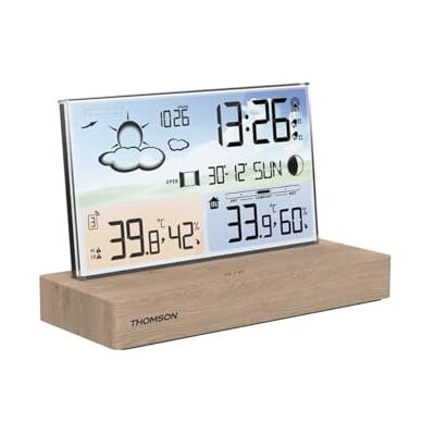 Thomson Estação meteorológica com despertador Madeira clara Exibição de temperatura, umidade, alarme duplo, USB-C, sonda sem fio Thomson Estação meteorológica com despertador Madeira clara Exibição de temperatura, umidade, alarme duplo, USB-C, sonda sem fio