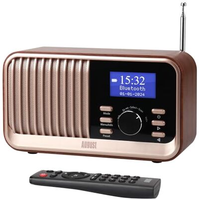 August MB450K Rádio FM Dab Relógio despertador duplo recarregável, rádio portátil retro com 60 pré-ajustes, altifalante Bluetooth 5.3, USB/AUX/MicroSD, bateria até 18 horas e controlo remoto carvalho August MB450K Rádio FM Dab Relógio despertador duplo recarregável, rádio portátil retro com 60 pré-ajustes, altifalante Bluetooth 5.3, USB/AUX/MicroSD, bateria até 18 horas e controlo remoto carvalho