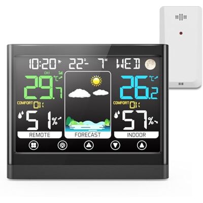 jely Estação meteorológica interior exterior com sensor sem fio, ecrã LCD a cores, termómetro higrómetro digital, previsão do tempo, temperatura, humidade, relógio, alarme para casa, jardim jely Estação meteorológica interior exterior com sensor sem fio, ecrã LCD a cores, termómetro higrómetro digital, previsão do tempo, temperatura, humidade, relógio, alarme para casa, jardim