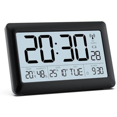 LATEC Relógio de parede digital, rádio despertador com ecrã LCD de 7,5 polegadas, relógio de cozinha, parede com calendário, temperatura, semana, 7 idiomas, luz de fundo (baterias incluídas), preto LATEC Relógio de parede digital, rádio despertador com ecrã LCD de 7,5 polegadas, relógio de cozinha, parede com calendário, temperatura, semana, 7 idiomas, luz de fundo (baterias incluídas), preto