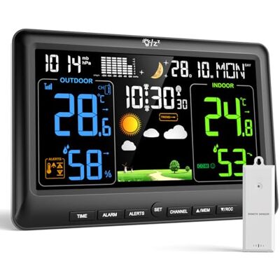 LIORQUE Estação meteorológica interior exterior, ecrã grande a cores, monitor de temperatura e humidade, pressão atmosférica, fases lunares, relógio digital com alarme e snooze Temperatura y Humedad, Sensor 100m 3 Canales, Pronóstico 7 Íconos, Fases Lun LIORQUE Estação meteorológica interior exterior, ecrã grande a cores, monitor de temperatura e humidade, pressão atmosférica, fases lunares, relógio digital com alarme e snooze Temperatura y Humedad, Sensor 100m 3 Canales, Pronóstico 7 Íconos, Fases Lun