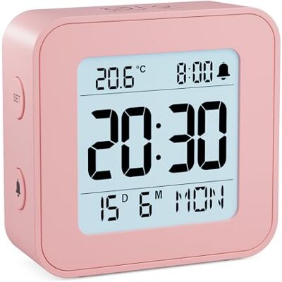 LATEC Relógio despertador, despertador digital pilhas com temperatura, retroiluminação, 3 volumes, 12/24 H, calendário, Snooze para viagens e quarto (baterias incluídas) (rosa) LATEC Relógio despertador, despertador digital pilhas com temperatura, retroiluminação, 3 volumes, 12/24 H, calendário, Snooze para viagens e quarto (baterias incluídas) (rosa)