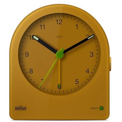 Braun Relógio despertador analógico clássico com botão de repetição e retroiluminação contínua, movimento silencioso de quartzo, alarme em crescido, cor amarela, modelo Braun Relógio despertador analógico clássico com botão de repetição e retroiluminação contínua, movimento silencioso de quartzo, alarme em crescido, cor amarela, modelo