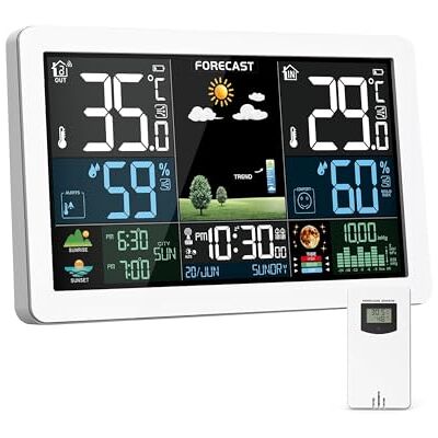 HAOYAO Estação meteorológica interior e exterior com ecrã colorido, previsão do tempo, temperatura, humidade, despertador LCD com função de repetição e pressão do ar HAOYAO Estação meteorológica interior e exterior com ecrã colorido, previsão do tempo, temperatura, humidade, despertador LCD com função de repetição e pressão do ar